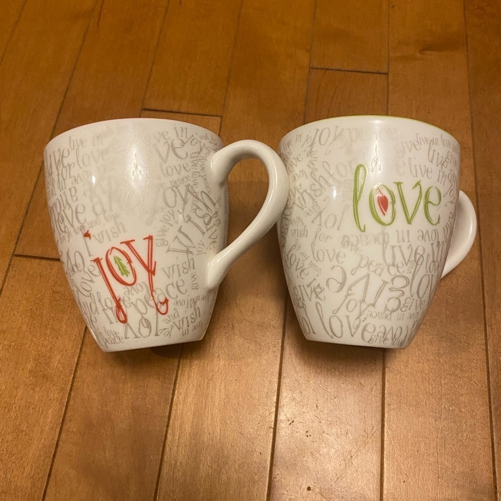 Starbucks 2005 Love Live Wish JOY Coffee Cups Mugs Set of 2 Love & Joy